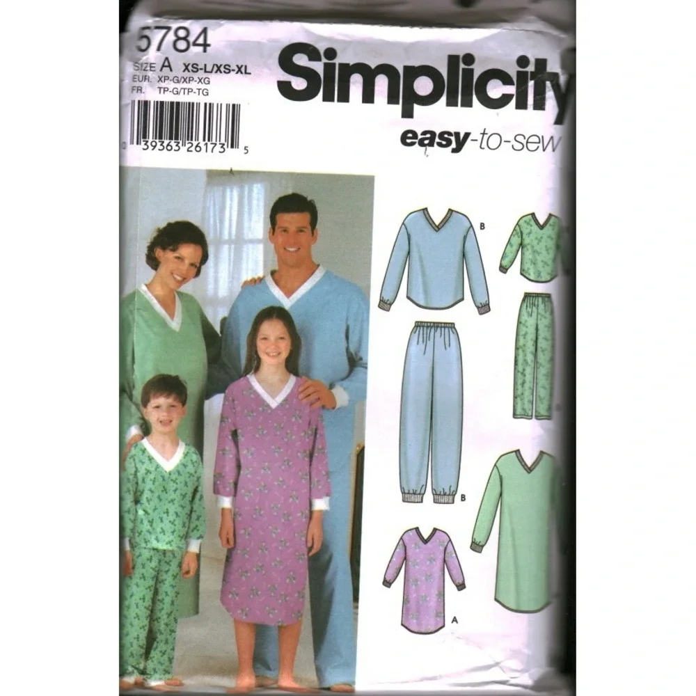 Simplicity‎ 5784 Sewing Pattern Family Pajamas Nightshirt XS-XL Easy to Sew